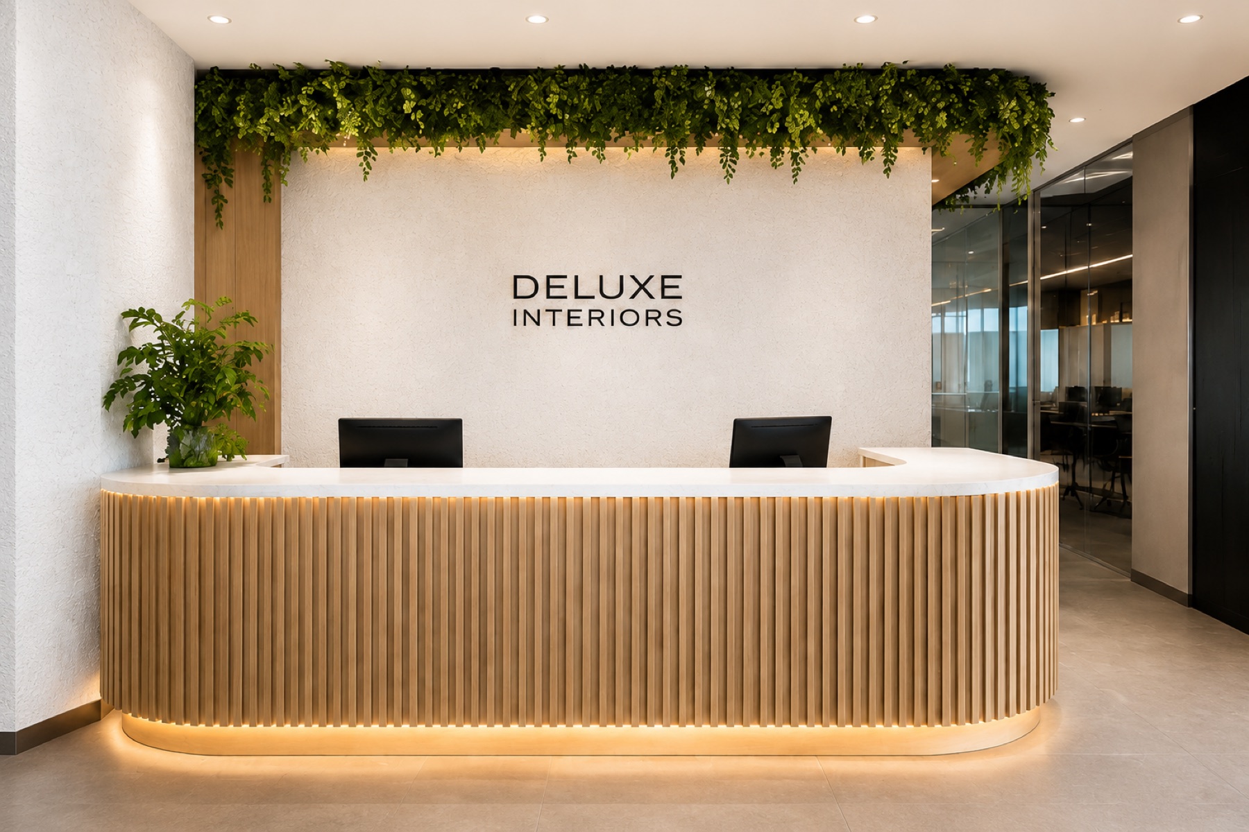 Custom office reception desk with illuminated timber detailing