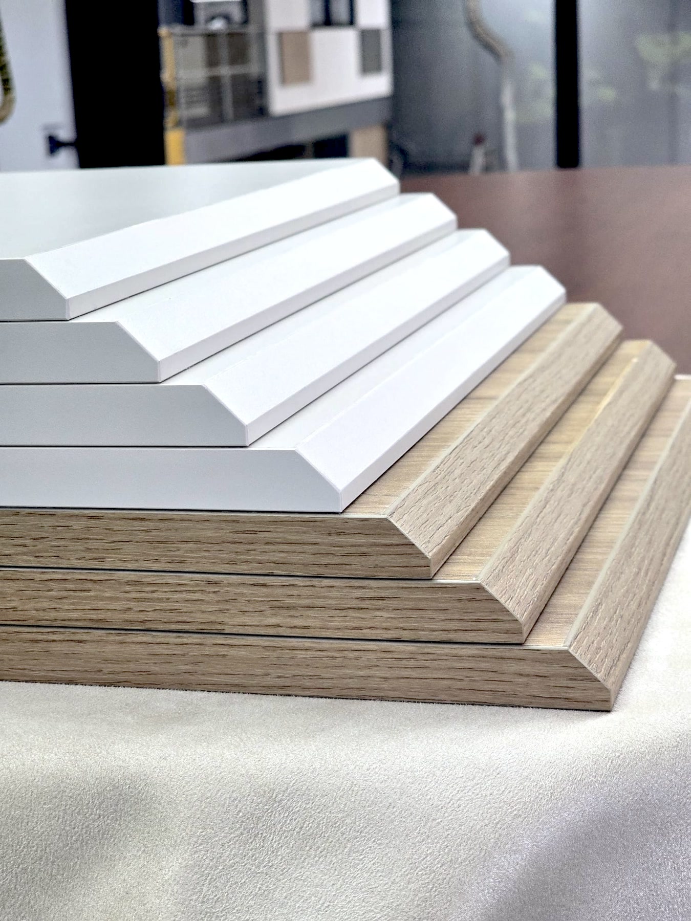 Bevelled white and timber edge samples