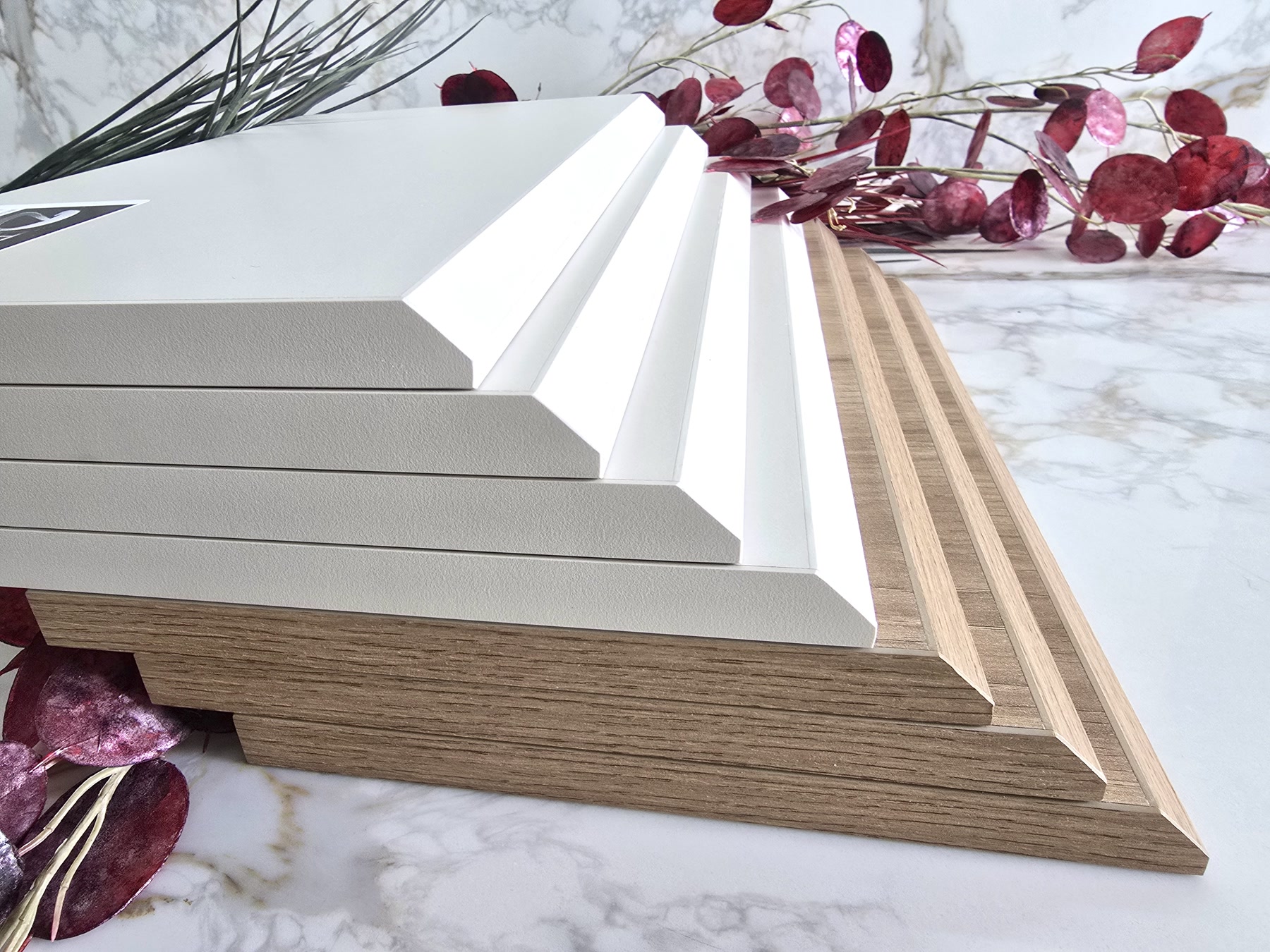 Stacked bevelled panels with timber edge samples