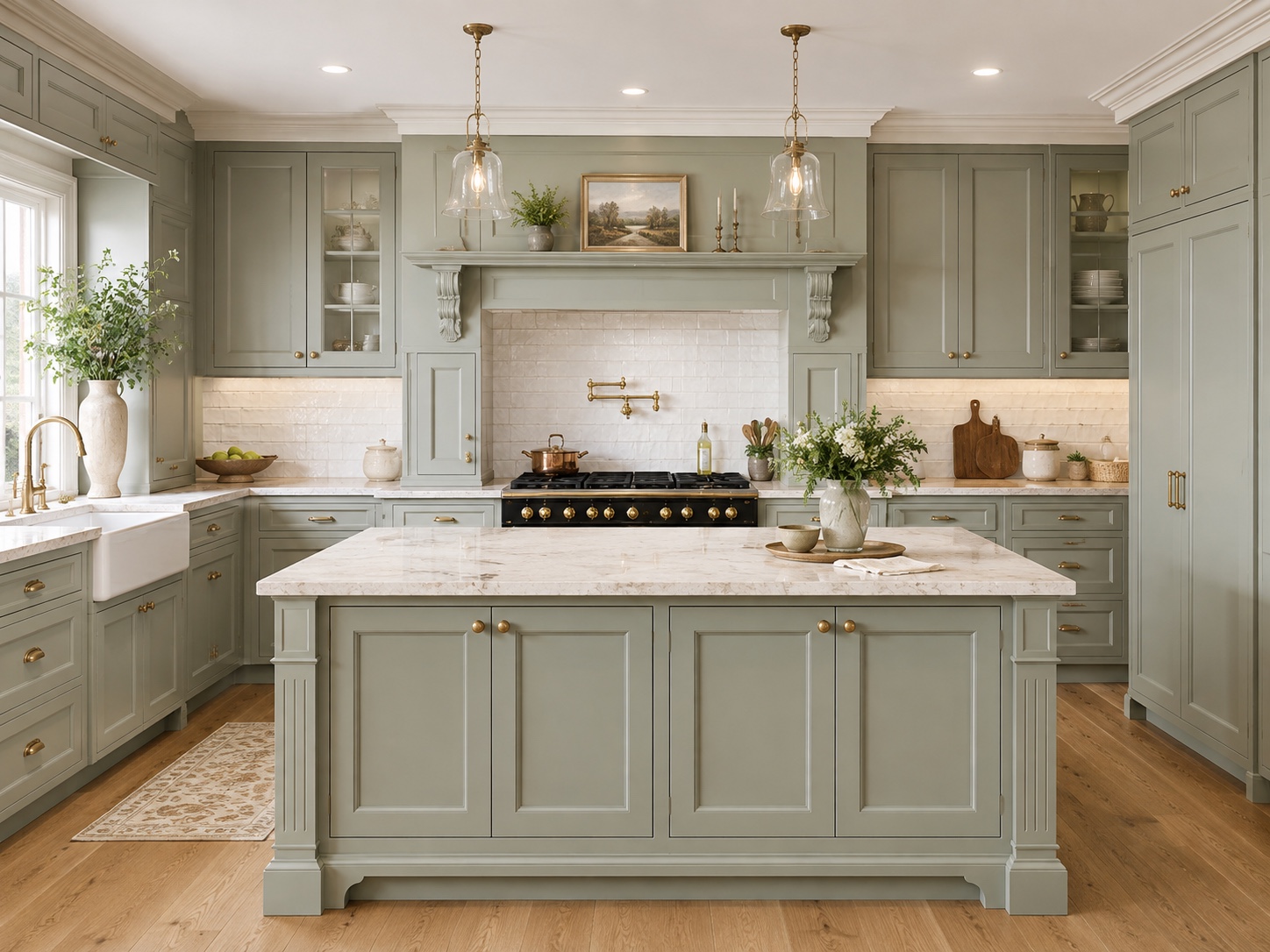 Sage green French Provincial kitchen cabinetry