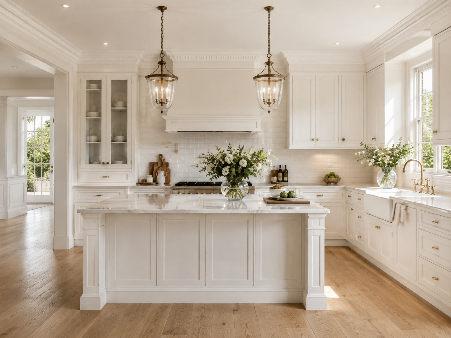 White French Provincial kitchen with marble island and brass pendant lights