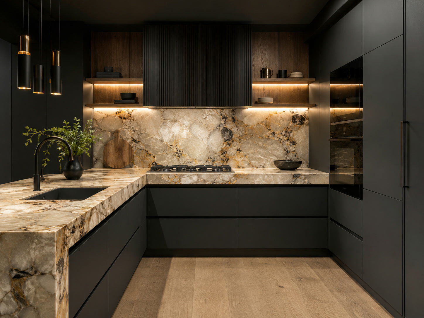 Dark modern kitchen with illuminated timber shelving and stone benchtops