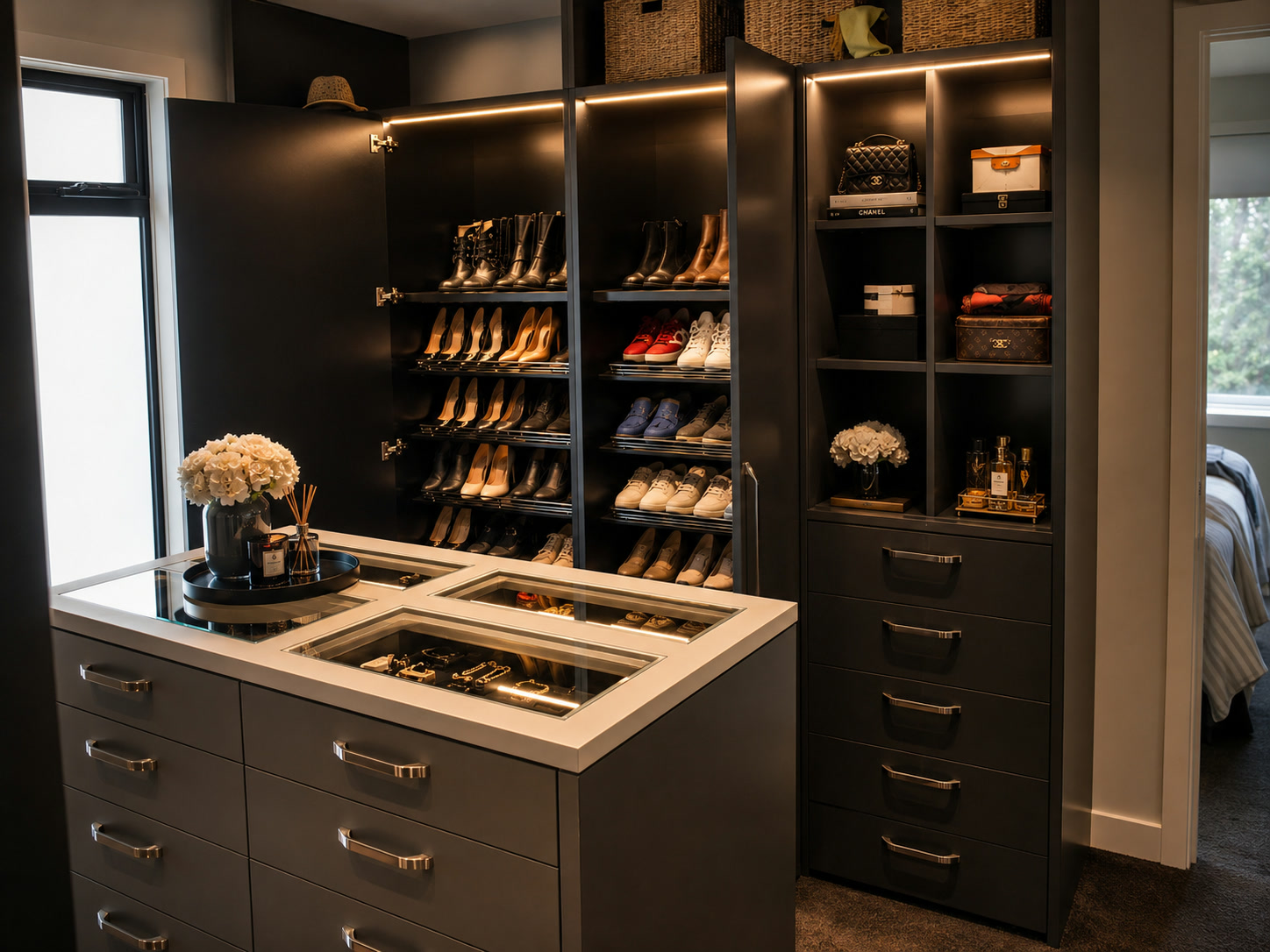 Luxury dark walk-in wardrobe with illuminated shoe storage and display island